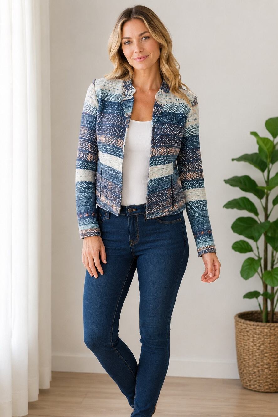Only Kim Anno 1995 Blue Patterned Cropped Jacket EU 42 US Large Zip Pockets